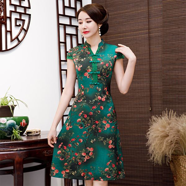 

green new chinese style print a-line dress vintage ladies short qipao rayon classic stage show elegant female cheongsam -3xl, Red