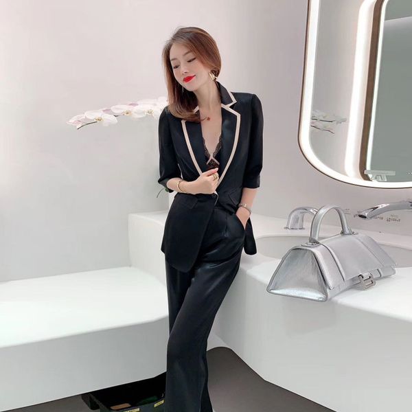 

heavyweight triacetic acid suit women's 2020 summer new women's fashion contrast blazer wide leg pants two piece set, White;black
