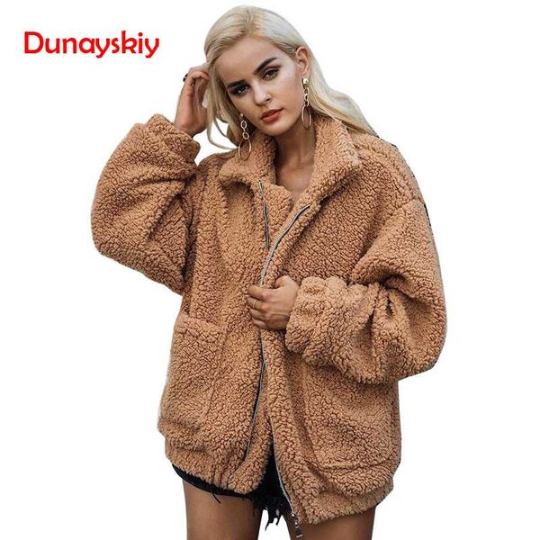 

2018 new women winter front pockets warm thick coats autumn casual oversized soft teddy jacket high street coat outwear female, Black;brown