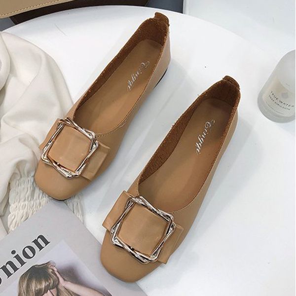 

rimocy 2020 women square toe leather flat shoes fashion metal buckle casual low heel loafers woman slip on soft sole shoes mujer, Black
