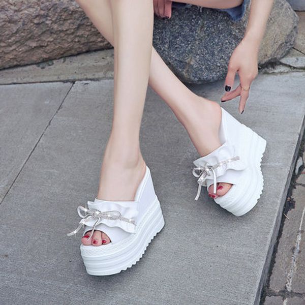 

slippers female 2019 new summer fashion bow wild waterproof platform slope with a word sandal t19, Black