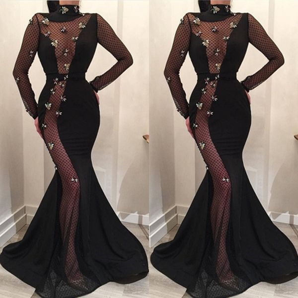 

long sleeves mermaid prom dress tulle cutaway sides high neck party gowns 3d appliques floor length evening dresses, Black