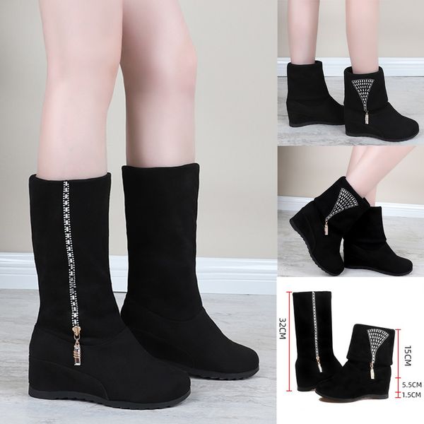 

fashion women height increasing zipper middle tube boots keep warm snow shoes, Black