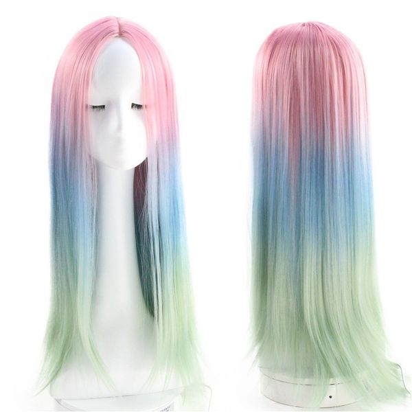 

fashion women's mermaid color long straight centre-parted hair wig lovely pink blue green gradients hair for chic girls, chemical fiber, Black