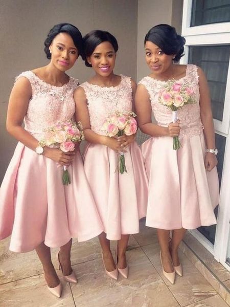 

3d floral lace knee length pink bridesmaid dresses plus size scoop sheer cap sleeve ruched party dress evening wedding guest vestidos de, White;pink