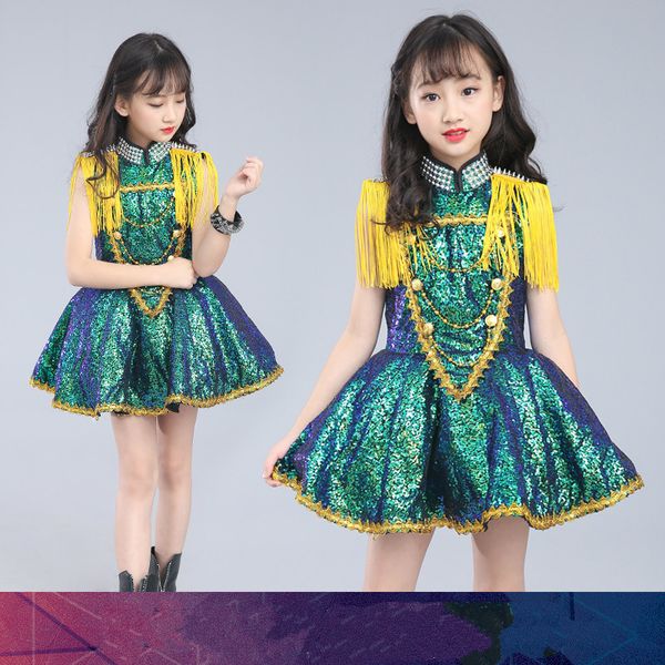 

new children's jazz dance costume girl siamese skirt fringed sequin model drum performance stage, Black;red