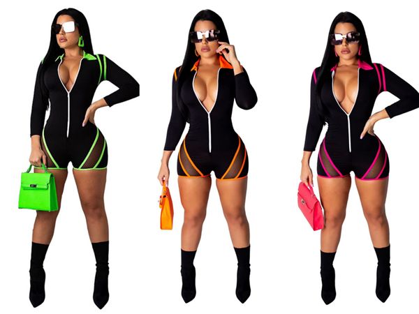 

haoyuan 2020 new mesh splicing playsuit womens streetwear front zipper long sleeve shorts jumpsuit bodycon rompers overalls y1905160 #55, Black;white