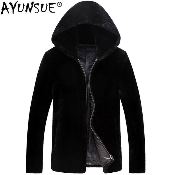 

ayunsue 2019 winter jacket men real pure natural fur coat natural sheepskin fur coat mens real sheep shearing coats my732, Black