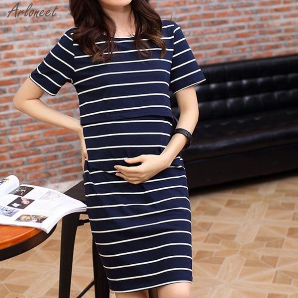 

women o-neck pregnant nursing maternity short sleeve stripe summer dress maternity women daily dress new 2020 fashion, White