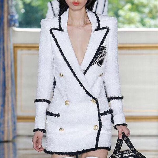 

women runway 2018 baroque designer blazer women's double breasted insignia tassel tweed wool blazer coat