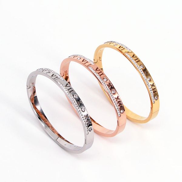 

trendy roman numerals bracelet for women personality cubic zirconia rose gold bangle stainless steel female jewelry, Black
