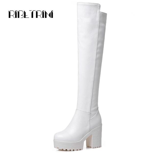 

ribetrini big size 33-43 female chunky high heels over the knee shoes woman fashion platform thigh high boots women zip boots, Black