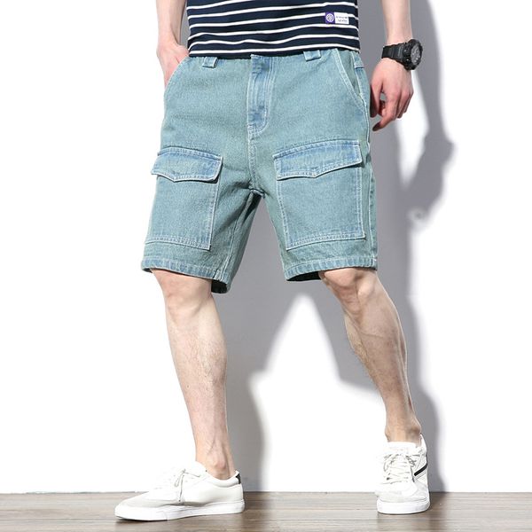 

new summer casual solid cotton jeans shorts men short pants fashion multi-pockets denim shorts mens plus size pants jeans men, Blue