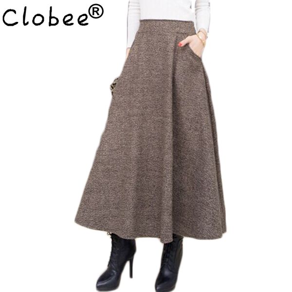

2020 woolen autumn winter plus size a line midi wool skirt faldas mujer women high waist long maxi tutu pleated skirt saias wq2, Black