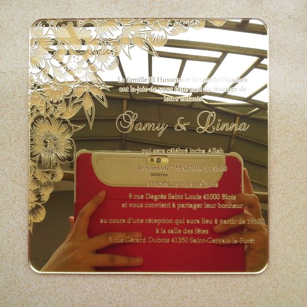 

customized 60pcs per lot 14x14cm square shaped golden mirror acrylic wedding invitation card ship to australia only
