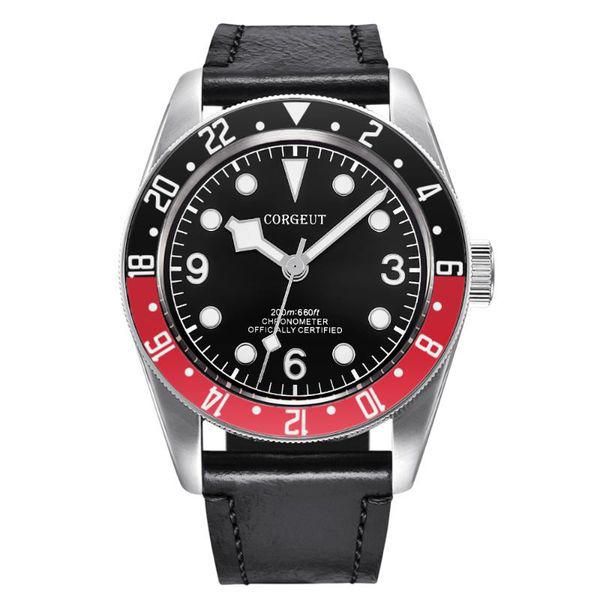 

corgeut 41mm mens sport sapphire pvd glass sterile white dial black red bezel miyota automatic mechanical leather watch, Slivery;brown