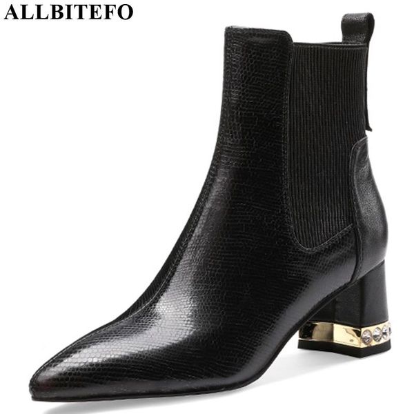 

allbitefo genuine leather women boots autumn winter rhinestone ankle boots pearl decoration fashion girls, Black