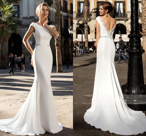 

backless soft satin mermaid wedding dresses 2020 luxury beaded pearls sashes sweep train vintage trumpet bridal gowns, White