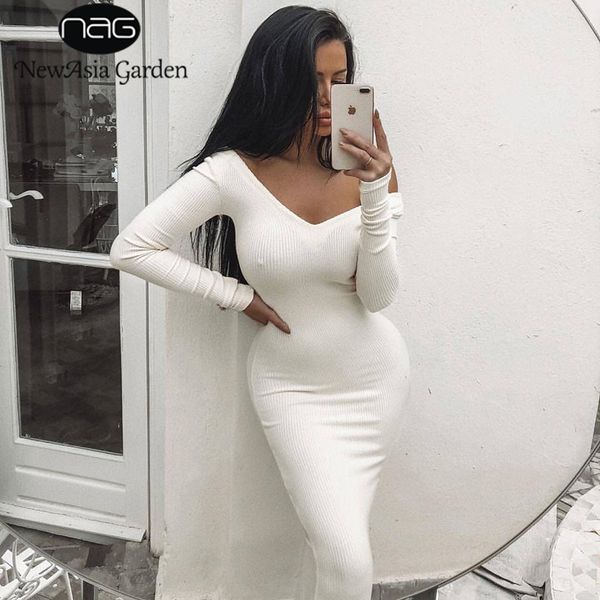 

NewAsia Garden Ribbed Winter White Dress Party Bodycon Dress Women Elegant Long Midi Skinny Sexy Dresses Club Wear Vestido