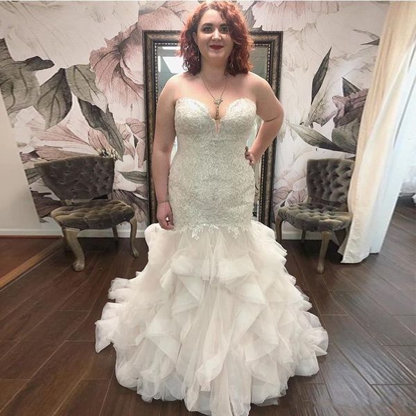 

2019 New Plus Size Elegant Mermaid Wedding Dress Sweetheart Appliques Beaded Tiered Skirt Vestido De Novia Tulle Bridal Gowns Robe De Mariee