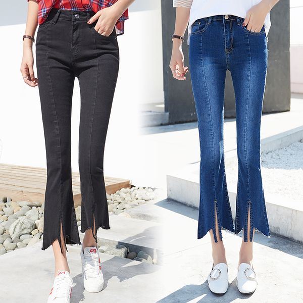 

women's denim 2020 spring and summer new nine-point irregular split fur raw wild flared pants nine-point jeans women, Blue