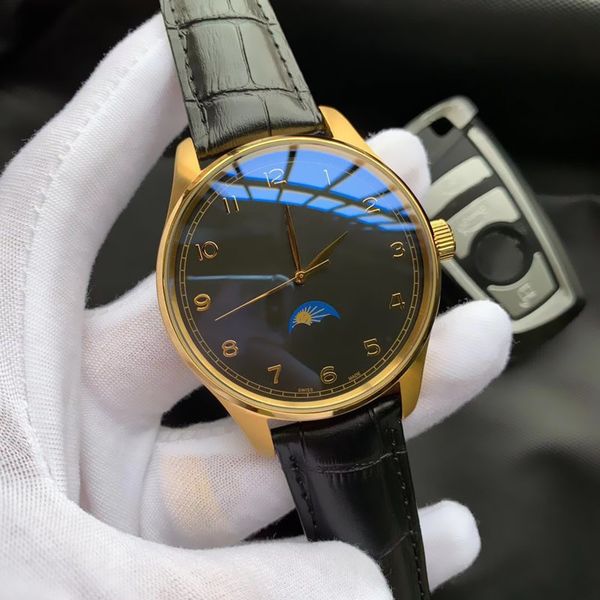 

men's designer automatic mechanical movement 316l steel case casual fashion crocodile leather strap automatic moon phase mineral glass, Slivery;brown