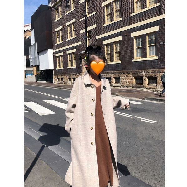 

casual single breasted plaid wool coat vintage woolen pants 4 piece sets warm loose long trench jackets overcoat, Black