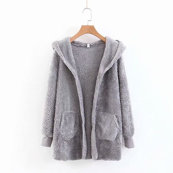 

fashion 7 colors faux fur hooded fleece jacket autumn women open stitch pockets coat female outerwear casual casaco femme, Black;brown