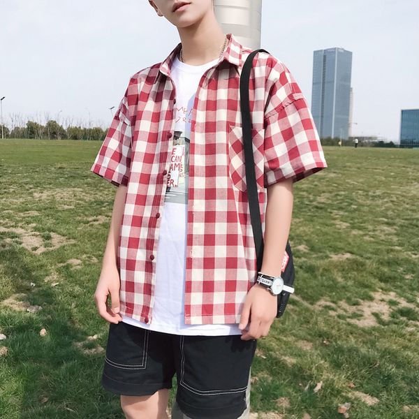 

summer new plaid shirt men fashion casual shirt man streetwear trend wild hip hop loose short-sleeved male clothes -2xl, White;black