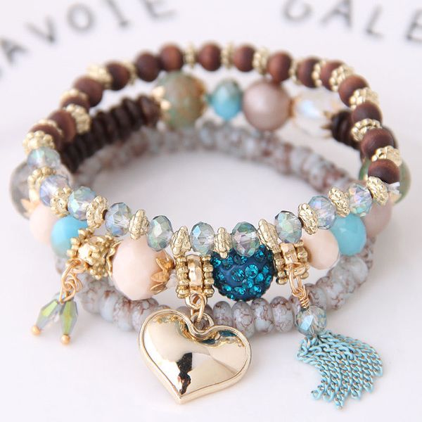 

diezi vintage fashion crystal bead heart charm bracelets for women natural stone tassel wristband bracelet pulseira feminina, Silver