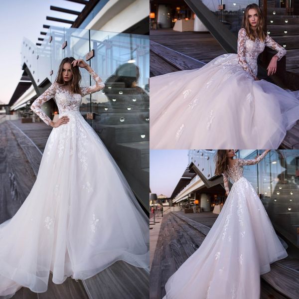 

nora naviano 2019 wedding dresses jewel long sleeve lace appliques beach bridal gowns sweep train a line wedding dress robe de mariÃ©e, White