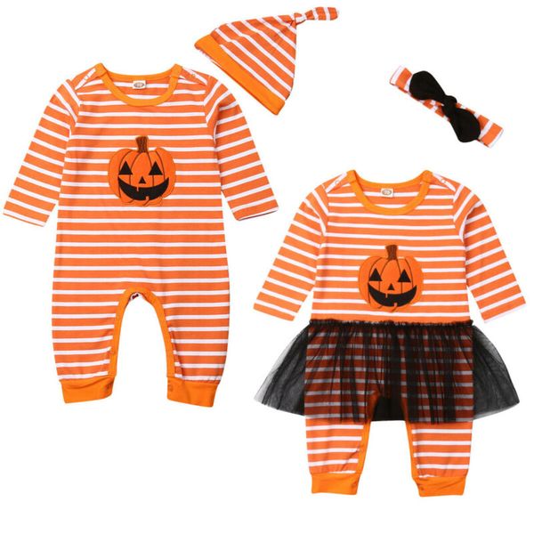 

focusnorm 2 styles 0-24m toddler baby girl boy halloween print pumpkin long sleeve romper lace patchwork jumpsuit fall clothes, Blue