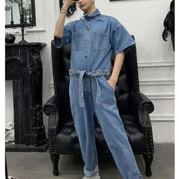 

men vintage fashion streetwear hip hop casual jumpsuit jeans male short sleeve denim harem pant overalls jumpsuit, Black