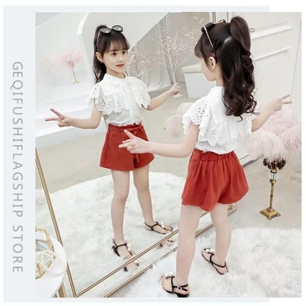 

clothing sets 4-12 white flowert shirt +shorts fashion children girls teenage summer tracksuit for girl 2pc clothes
