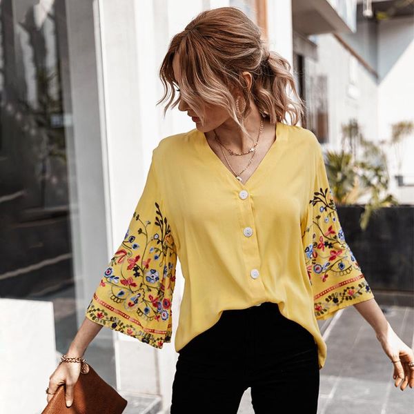 

casual embroidery blouse women v-neck buttton 3/4 sleeve printed summer clothes ladies fashion shirt ropa de mujer 2020, White