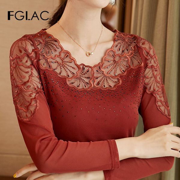 

women's blouses & shirts fglac women blouse fashion casual long sleeve mesh elegant slim hollow out lace shirt plus size spring, White