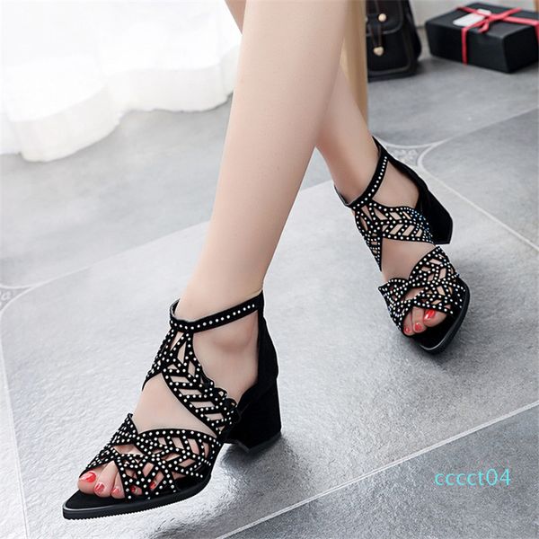

women summer fish head sandals fashion elegant hollow out rhinestone women party zip sandals square base sandals ct4, Black