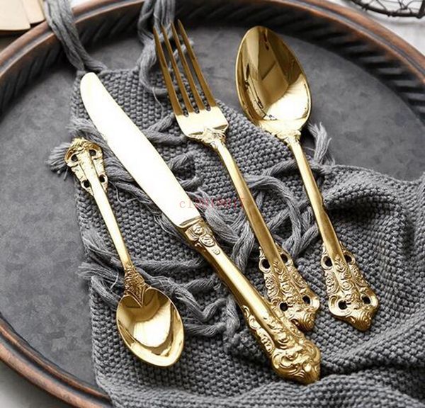 

4pcs/set golden plated cutlery set stainless steel knife forks teaspoon gold dinnerware wedding christmas tableware