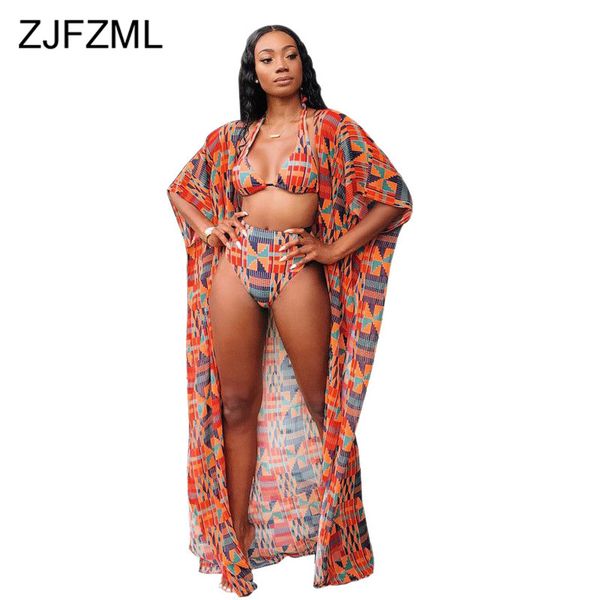 

geometric pattern 3 three piece outfits women x-long beach cloak and halter backless crop and lace up bodycon shorts, White