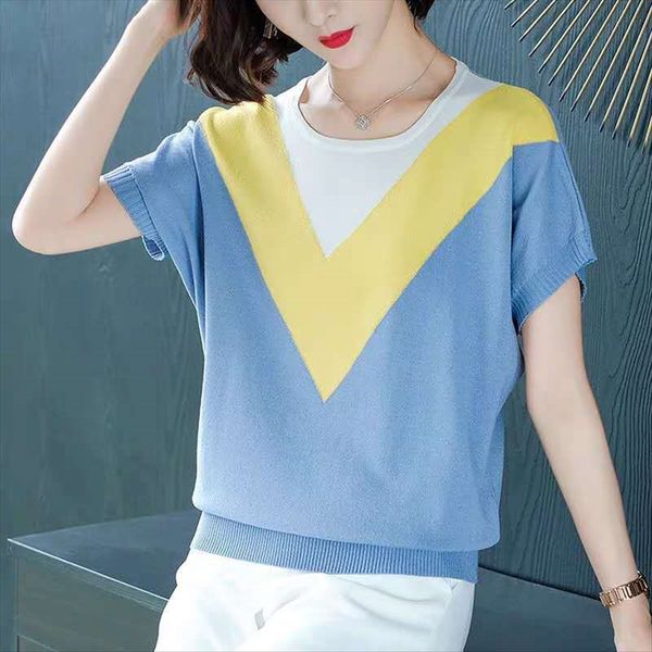 

contrast color short sleeve 2020 women's super fire ins loose ice silk slim bat round shirt shirt collar top, White