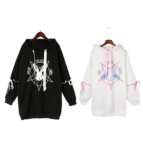

harajuku pentagram print lace up women fleeces hoodies gothic punk oversize velvet hooded sweatshirt pullover streetwear, Black
