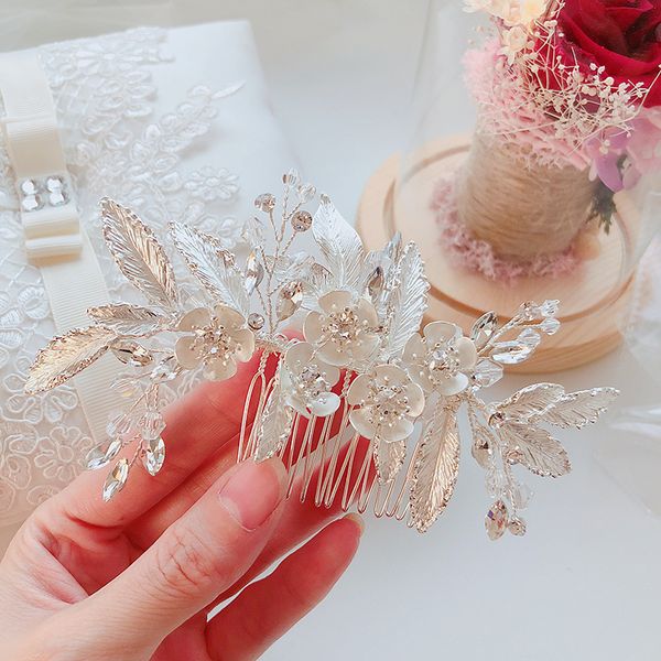 

korean new bride headdress comb silver leaf crystal beads flower hair jewelry wedding hair accessories, Golden;white