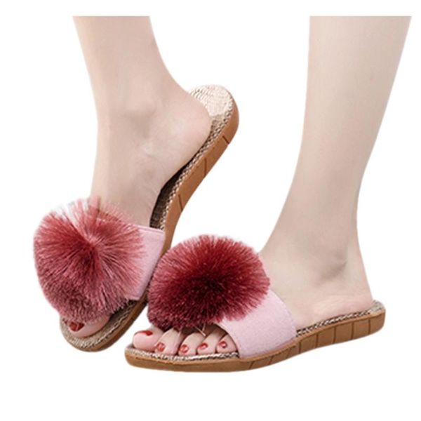 

fashion outdoor slippers plush ball ladies slippers summer linen flip-flops sandals fur slides chaussure femme kapci#jy, Black