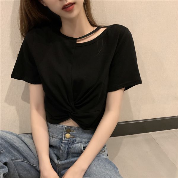 

t-shirt women's 2020 mind-making design sense navel t-shirt coat pure color short sleeve slim high waist short coat, White