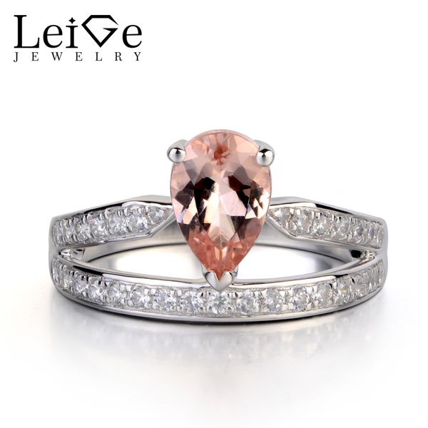 

leige jewelry morganite engagement ring sterling silver 925 pear cut promise ring for women pink gemstone fine jewelry, Golden;silver