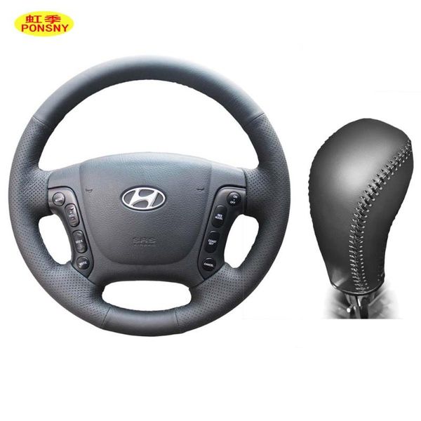 

ponsny car gear/steering wheel genuine leather cvoers case for new santafe 2006-2012 auto hand-stitched cover