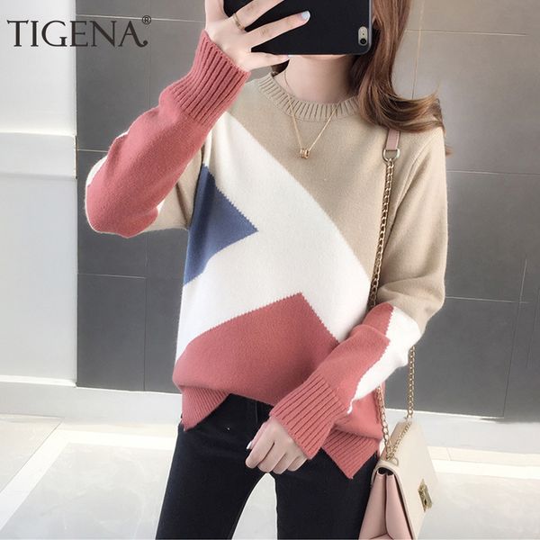 

tigena contrast color knitted pullover sweater for women 2020 fall winter korean long sleeve jumper female knitwear clothes, White;black