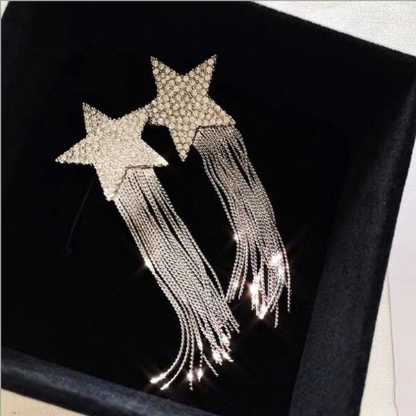 

new designer fashion spicy europe advanced sense rhinestone pentagram star chain tassel earrings hyperbole long pendients, Silver