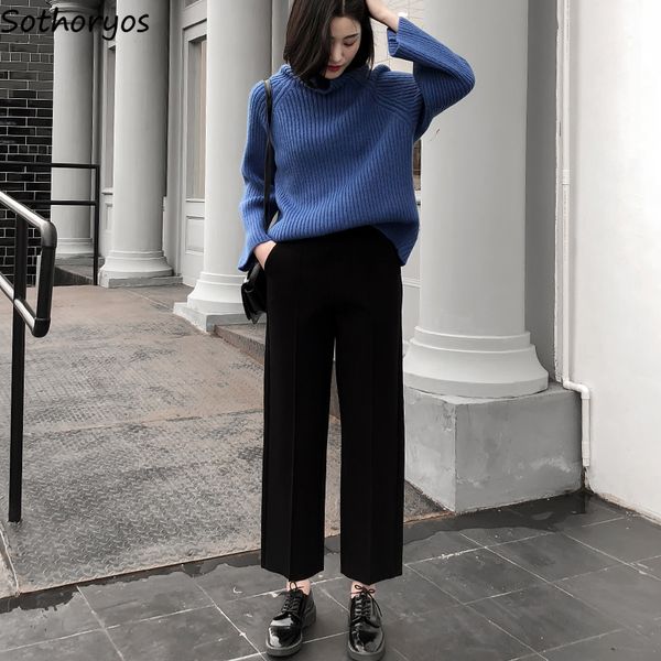 

pants women winter solid simple all-match woolen korean elegant ladies wide leg pant womens high waist trendy leisure trousers, Black;white