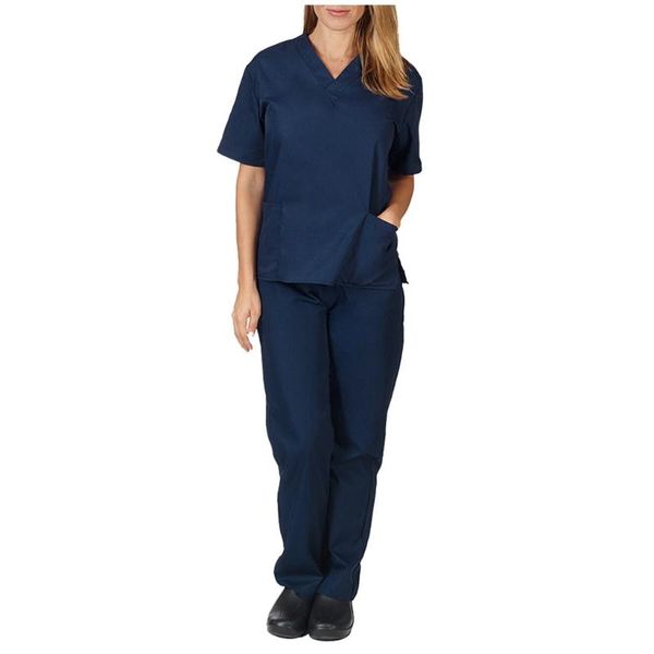 Uomo Donna manica corta con scollo a V top + pantaloni uniforme da lavoro infermieristica set completo abbigliamento # LR2